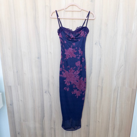 Micas Dresses & Skirts - Womens Floral Mesh Midi Dress XS Purple Lace Trim Corset Back Coquette Y2K Fairy
